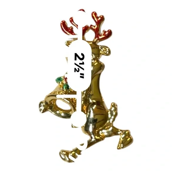 Festive Gold Reindeer Brooch with Red and Green Accents - Picture 7 of 7